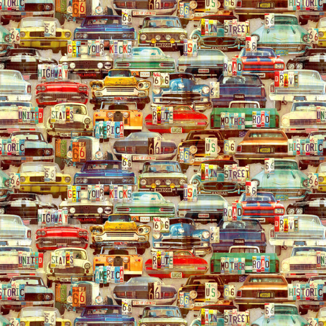 Historic Highway Retro Cars and License Plates Cotton Fabric