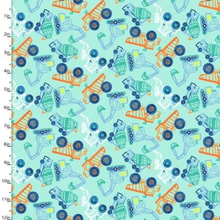 Dump, Dig & Rumble Busy Builders Turquoise Flannel Fabric
