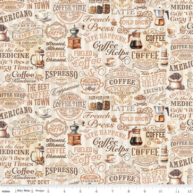 Coffee Time Text Cream Cotton Fabric