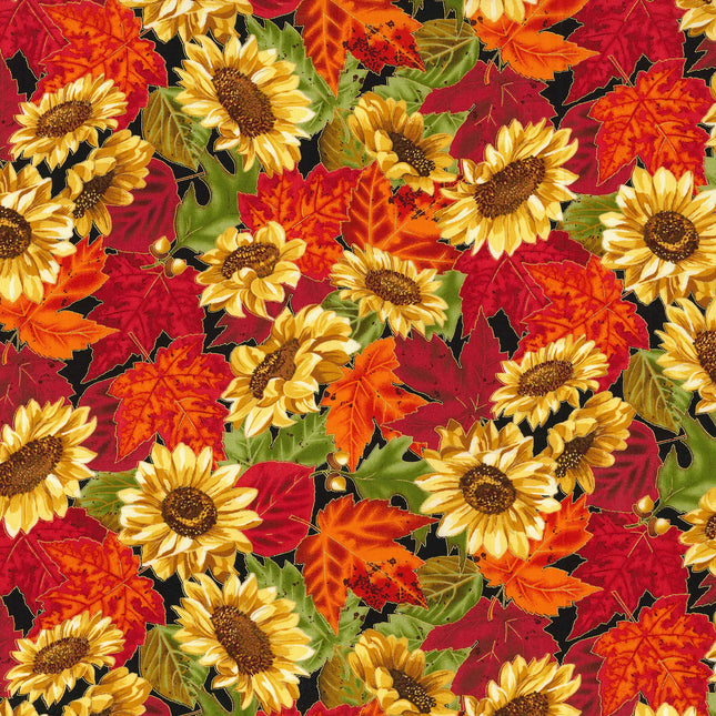 Fall Sunflowers with Red Leaves Glitter Cotton Fabric