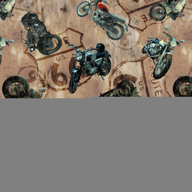 Historic Highway Motorcycles and Route 66 Signage Cotton Fabric