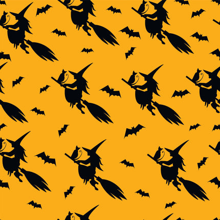 Witch Cat Flight Allover - Yellow Cotton Fabric