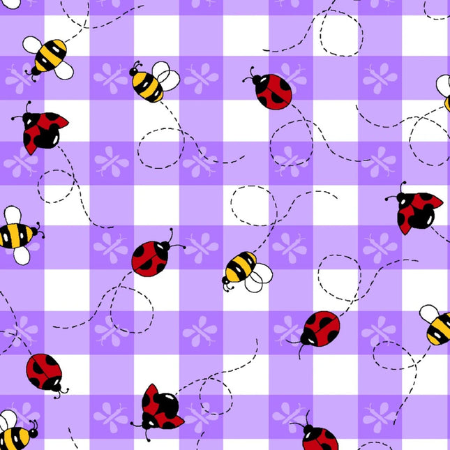 Lady Bugs and Bees on Check Purple Comfy Flannel Fabric