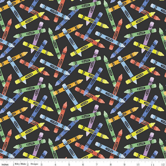 New Box of Crayons Crayon Toss Black Cotton Fabric