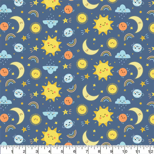 Sun & Moon Blue Flannel Fabric