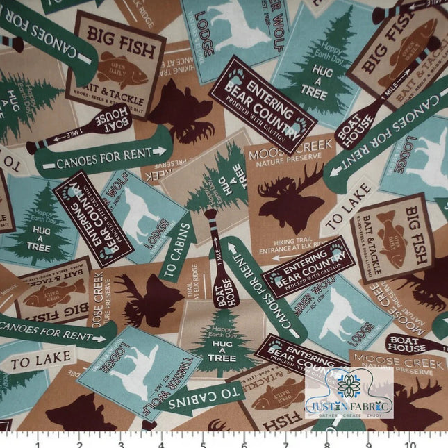 Moose Creek Lodge Signs Cream Cotton Fabric