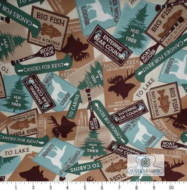 Moose Creek Lodge Signs Cream Cotton Fabric