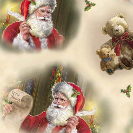 Checking it Twice Santa and Teddy Bears Cream Cotton Fabric