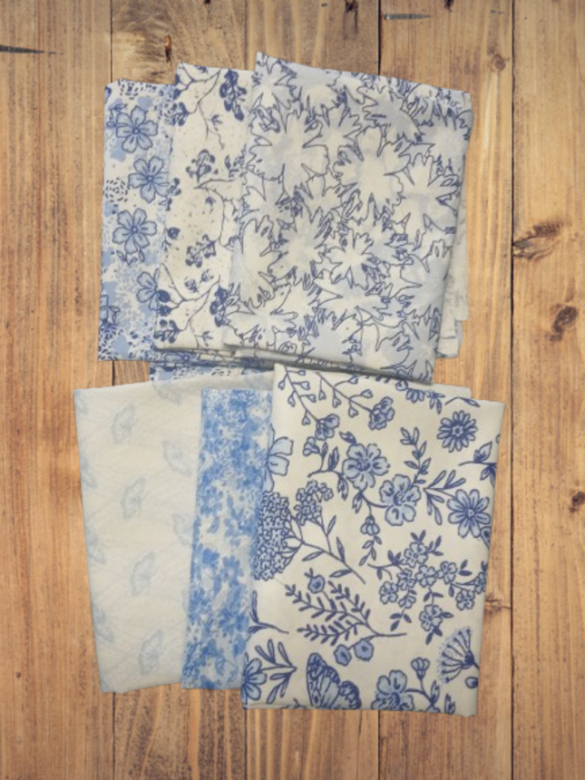 6 Fat Quarters - Assorted Butterfly Blues White Themed Fat Quarter Bundle