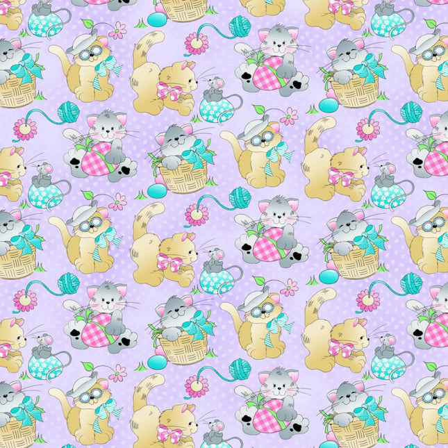 Easter Kittens Purple Cotton Fabric - 3 7/8th Yards