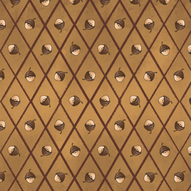 A Pilgrim's Autumn Acorn Diamond Grid Brown Cotton Fabric