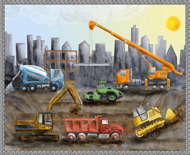 Let's Get Building Construction Equipment 36" Panel Cotton Fabric