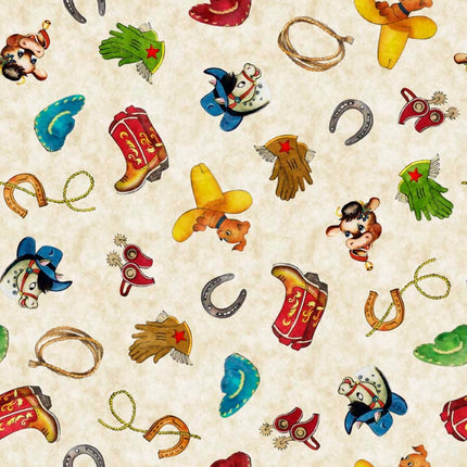Cowboy Up Retro Cowboy Stuff Cream Cotton Fabric