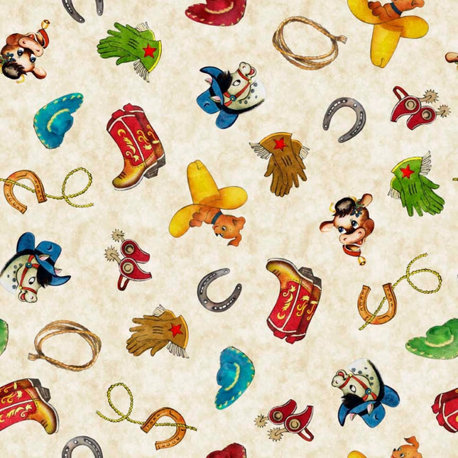 Cowboy Up Retro Cowboy Stuff Cream Cotton Fabric