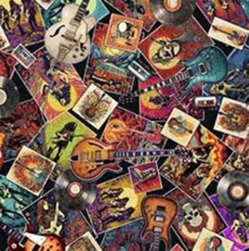 Rock n Roll Fantasy Rock Stars and Guitars Black Cotton Fabric