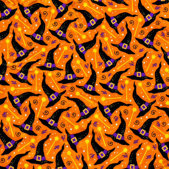 Halloween Witches Hat Purple On Orange Background Cotton Fabric