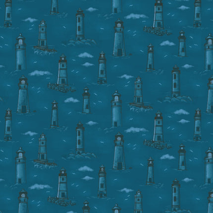Coastal Guardians Monochromatic Lighthouses Cotton Fabric