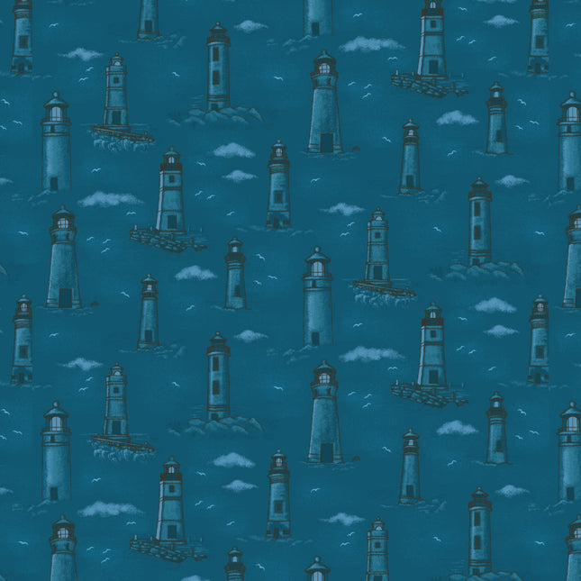 Coastal Guardians Monochromatic Lighthouses Cotton Fabric