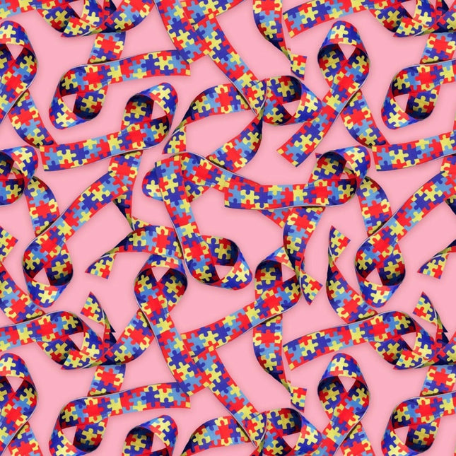 Autism Awareness Puzzle Ribbons Cotton Fabric