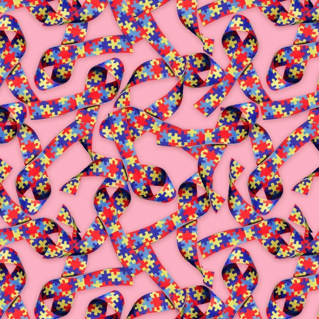 Autism Awareness Puzzle Ribbons Cotton Fabric