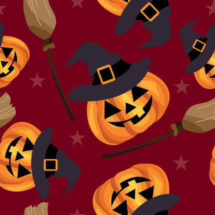 Smiling Pumpkin Allover - Red Cotton Fabric