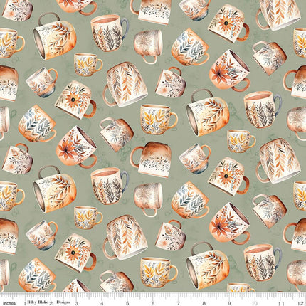 Coffee Time Coffee Mugs Sage Cotton Fabric