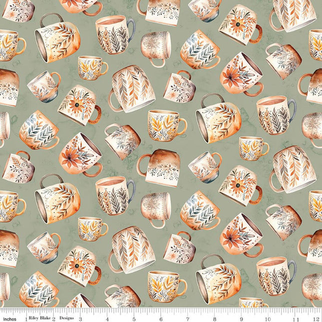 Coffee Time Coffee Mugs Sage Cotton Fabric
