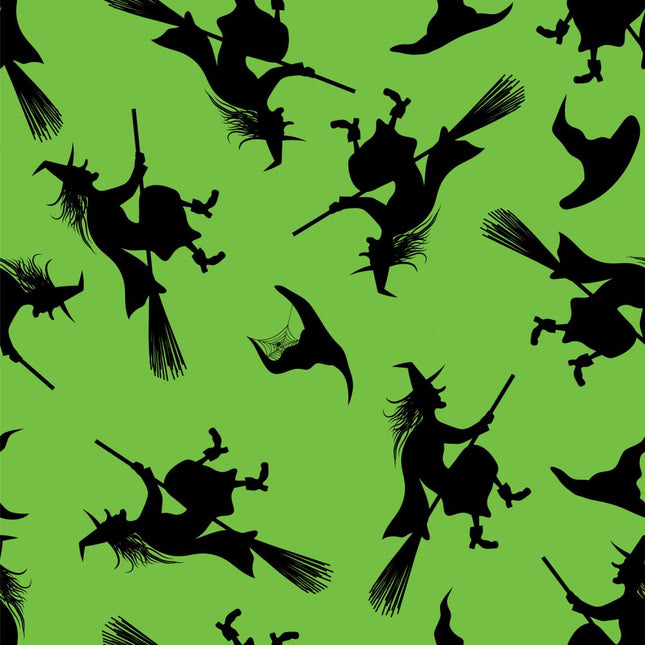Broomstick Witch Allover - Green Cotton Fabric