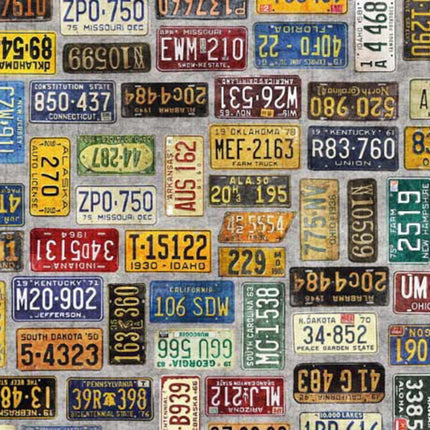 Heavy Metal License Plates Grey Cotton Fabric