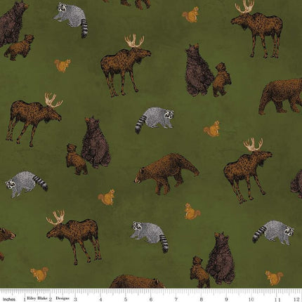 Pine Grove Animal Toss Green Cotton Fabric