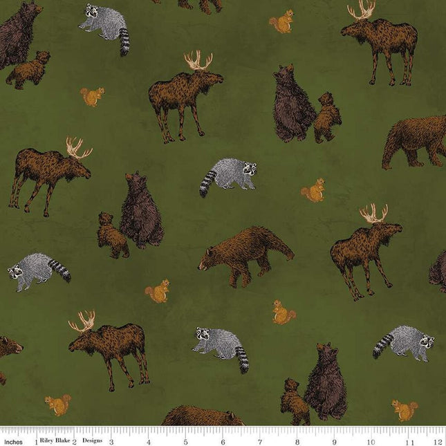 Pine Grove Animal Toss Green Cotton Fabric