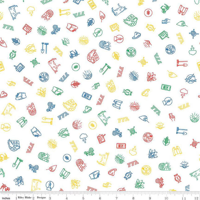 FFA Forever Blue 2 Icons White Cotton Fabric