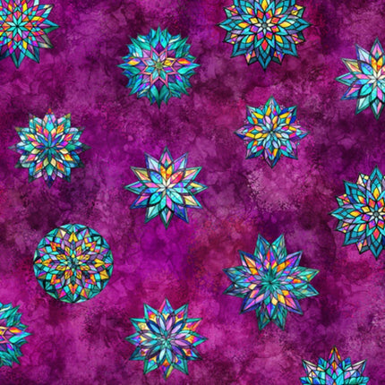 Radiant Reflection Stained Glass Stars Magenta Cotton Fabric