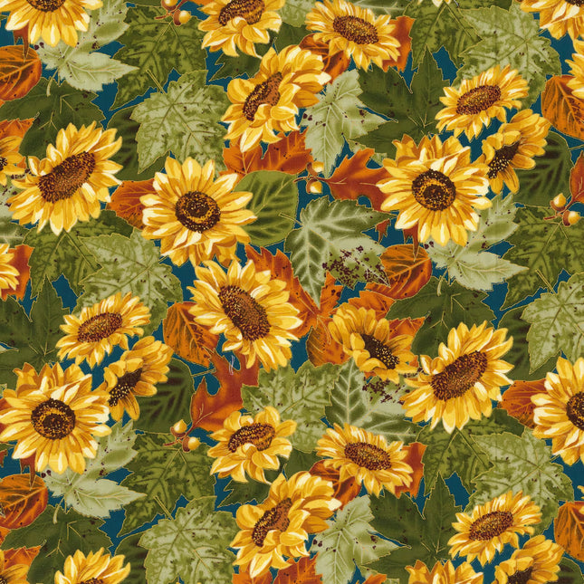 Fall Sunflowers On Teal Glitter Cotton Fabric