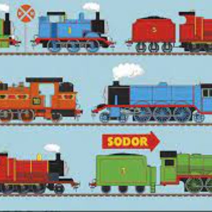 All Aboard with Thomas and Friends Train Line Blue Cotton Panel Fabric
