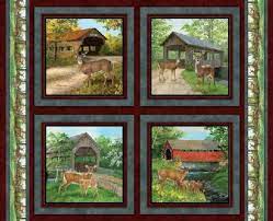 Covered Bridge Deer Pillow Panel Cotton Fabric