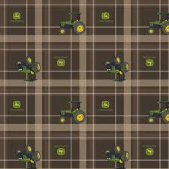 John Deere Brown Tractor Plaid Cotton Fabric Pillowcase