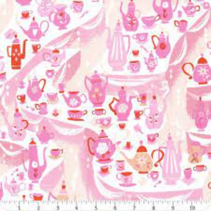 Down the Rabbit Hole Tea Party White Cotton Fabric