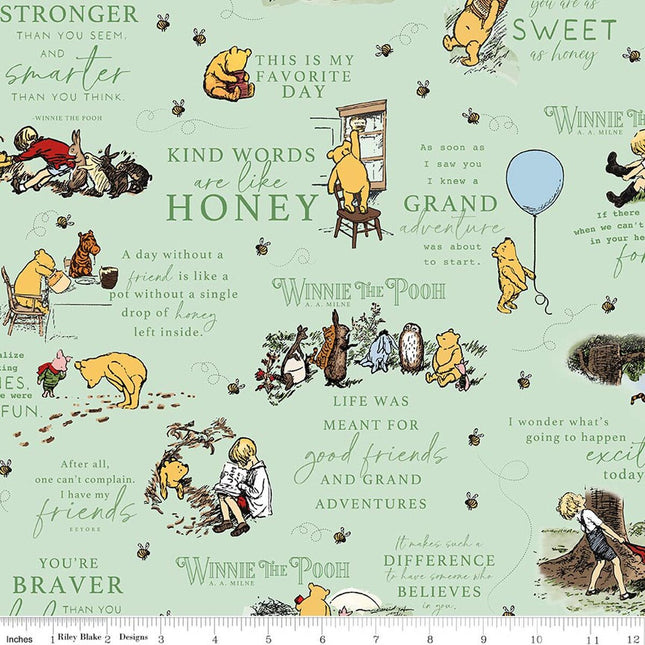 Flannel Winnie the Pooh Quotes Green Fabric