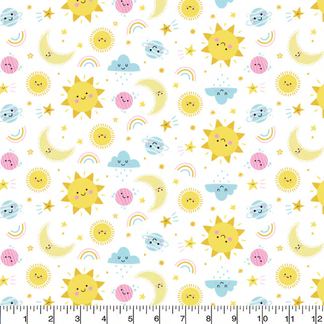 Sun & Moon White Flannel Fabric