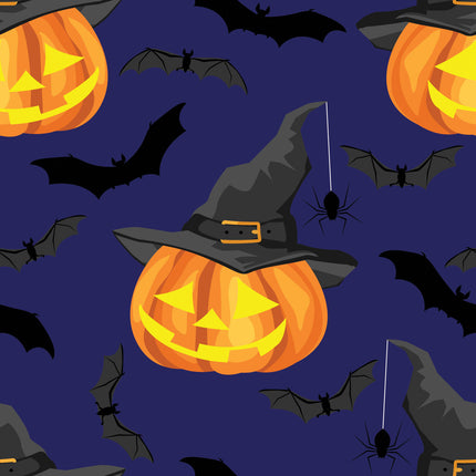 Pumpkins & Bats Allover - Blue Cotton Fabric