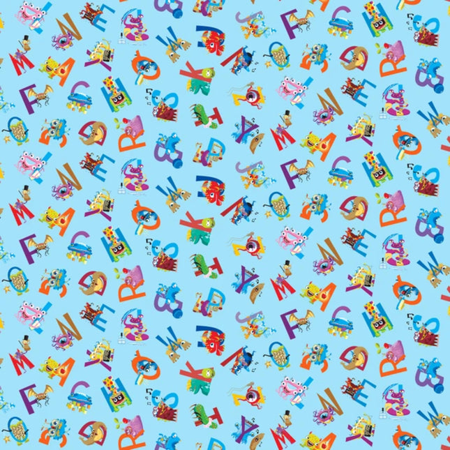 My Silly Monster ABCs ABC Monster Allover - Light Blue Cotton Fabric