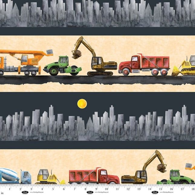 Let's Get Building Construction Equipment and Cityscape Cotton Fabric