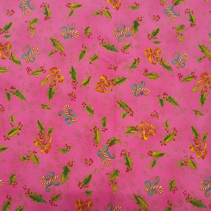 Bountiful Blessings Pink Christmas Holly Cotton Fabric
