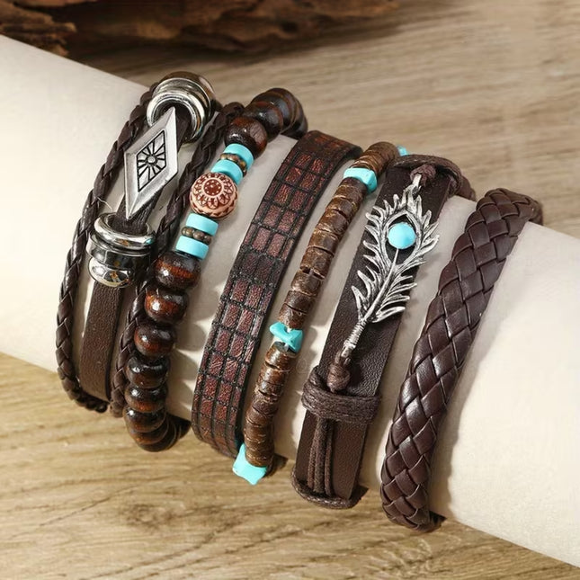 Bohemian Retro Western Style Turquoise Bracelet Set 6 Pieces- Feather