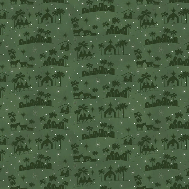 Come Let Us Adore Him Silhouettes Green Cotton Fabric