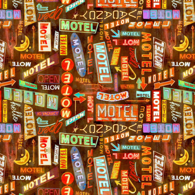 Historic Highway Motel Signs Cotton Fabric