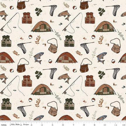 Flannel Let's Wander Gone Fishing Cream Fabric