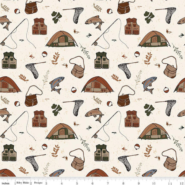 Flannel Let's Wander Gone Fishing Cream Fabric