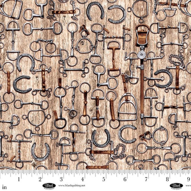 Curtain Valance - Spurs & Spirit Stirrups, Bits, and Horseshoes Tan Cotton
